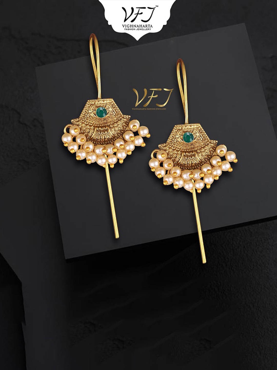 

Vighnaharta Gold-Plated Pearls Studded Floral Chandelier Ear Cuff Earrings, Green