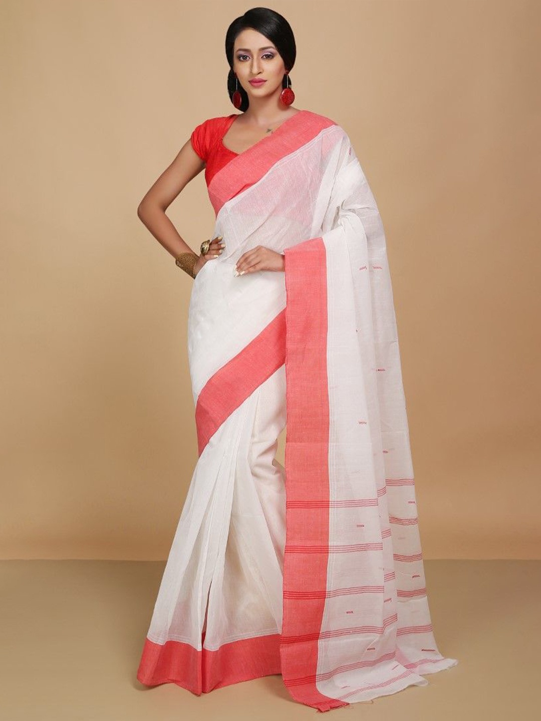

BENGAL HANDLOOM Solid Pure Cotton Taant Saree, White