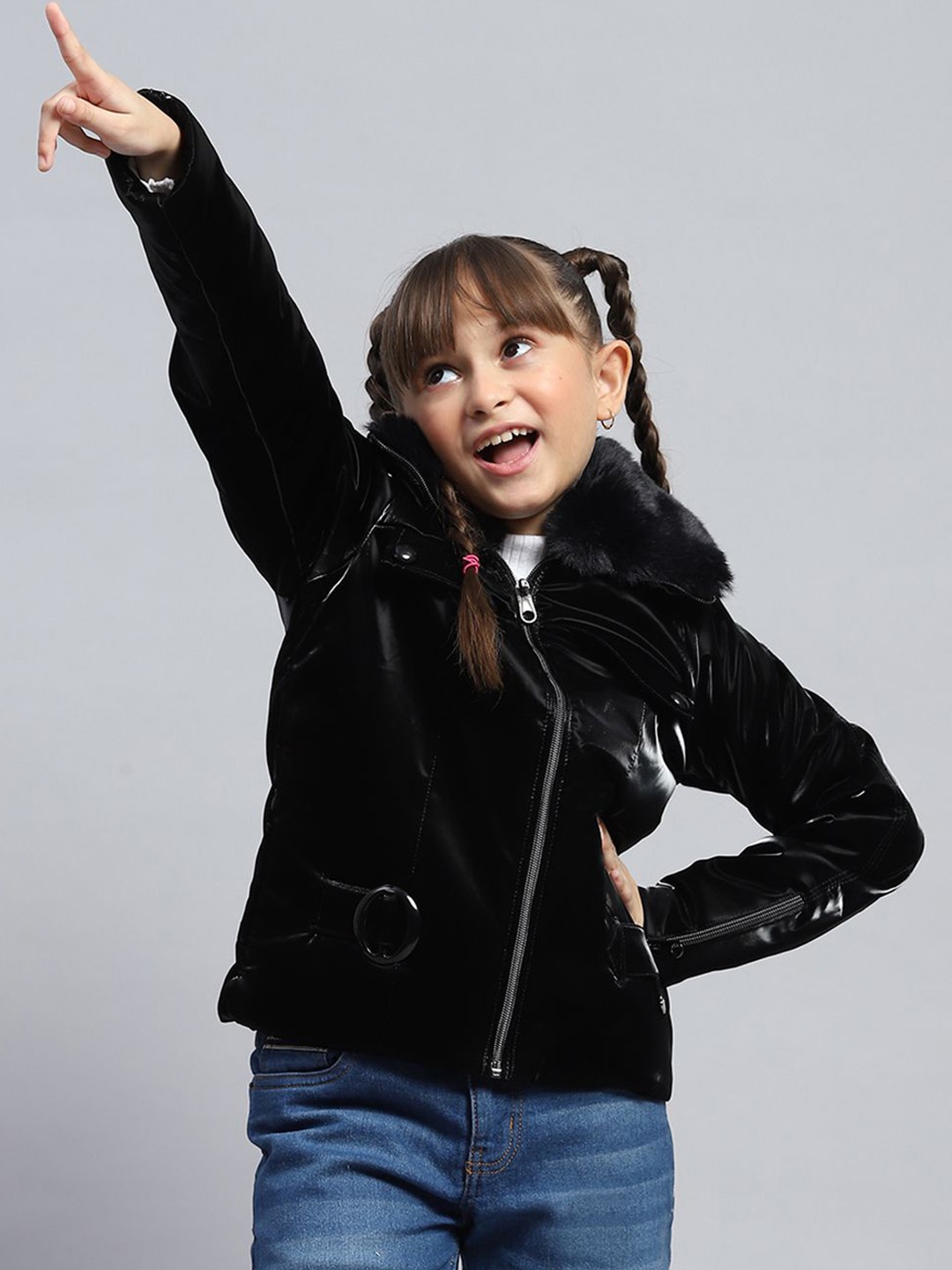 

Monte Carlo Girls Spread Collar Solid Casual Leather Jacket, Black