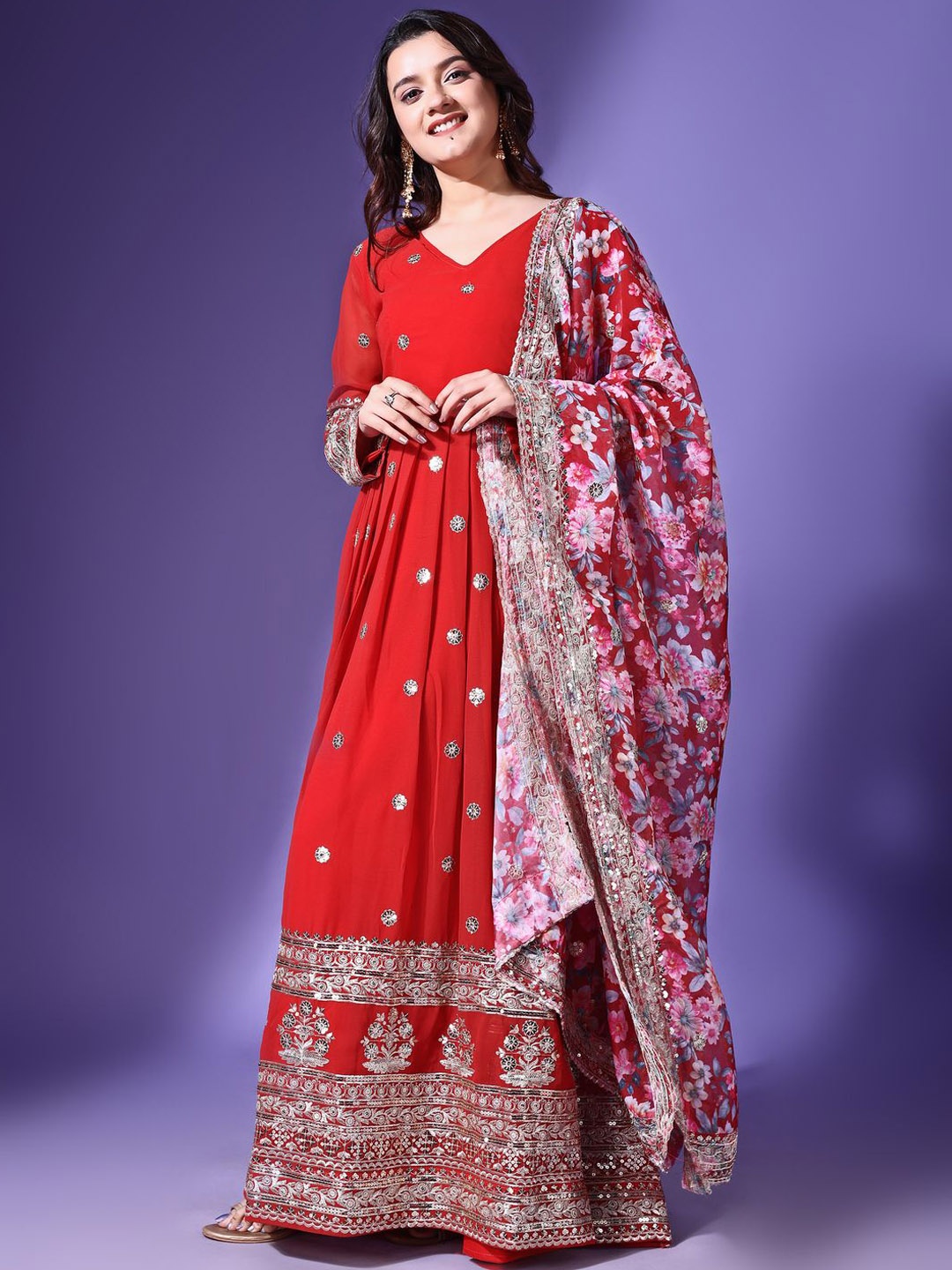 

KALINI Floral Embroidered Georgette Maxi Ethnic Dress With Dupatta, Red