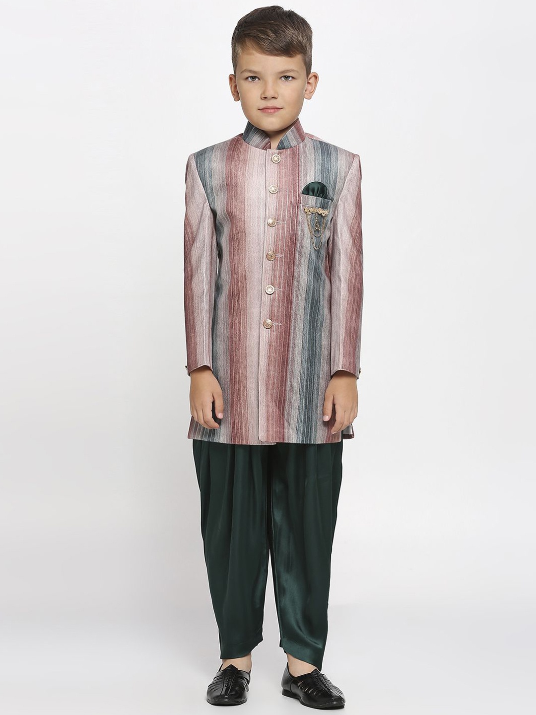 

YK Kids-Boys Striped Velvet Satin Sherwani Set, Brown