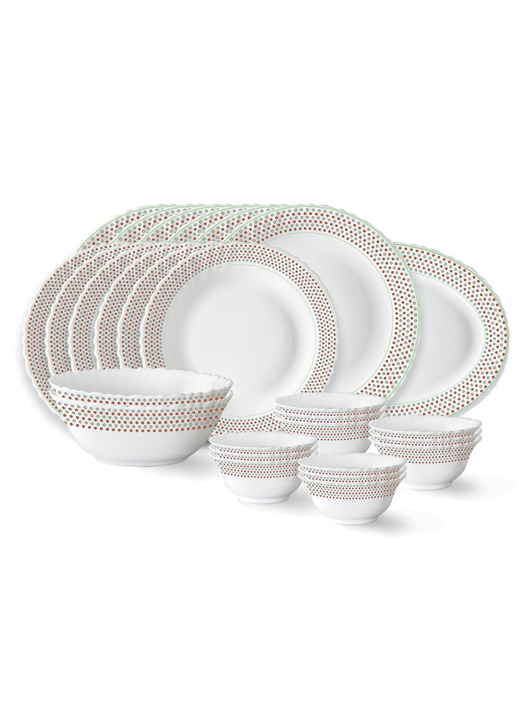 

Larah by BOROSIL Waltz 27-Pcs White & Green Printed Dinner Set