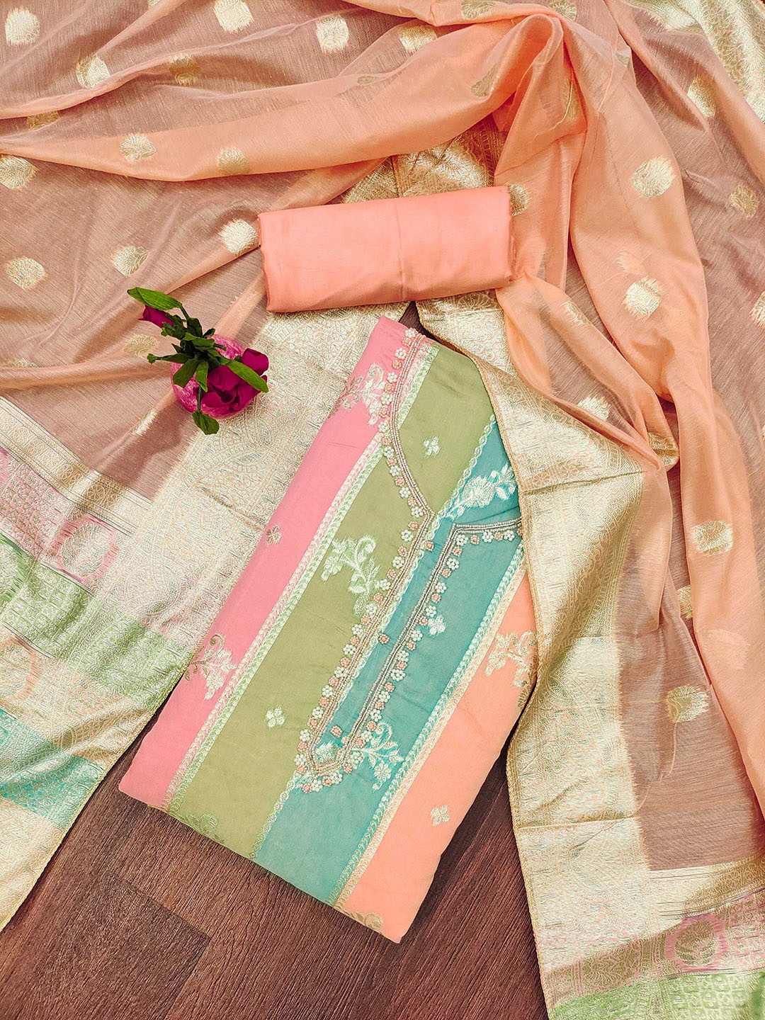 

Maroosh Floral Woven Design Beads and Stones Unstitched Dress Material, Pink