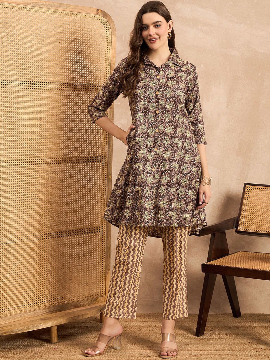 

BAESD Printed Pure Cotton Tunic With Trouser, Beige