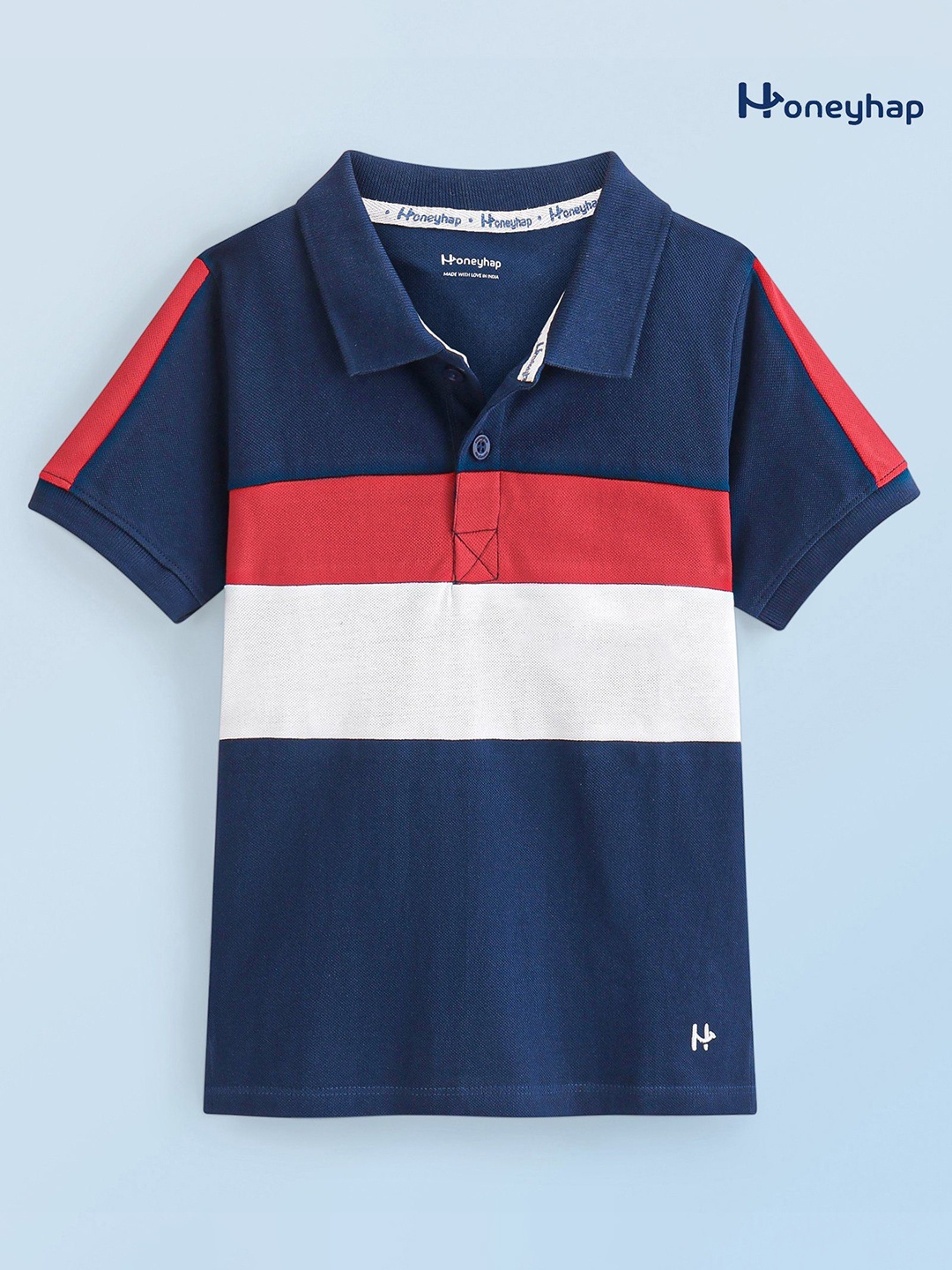 

Honeyhap Boys Colourblocked Polo Collar Cotton T-shirt, Navy blue