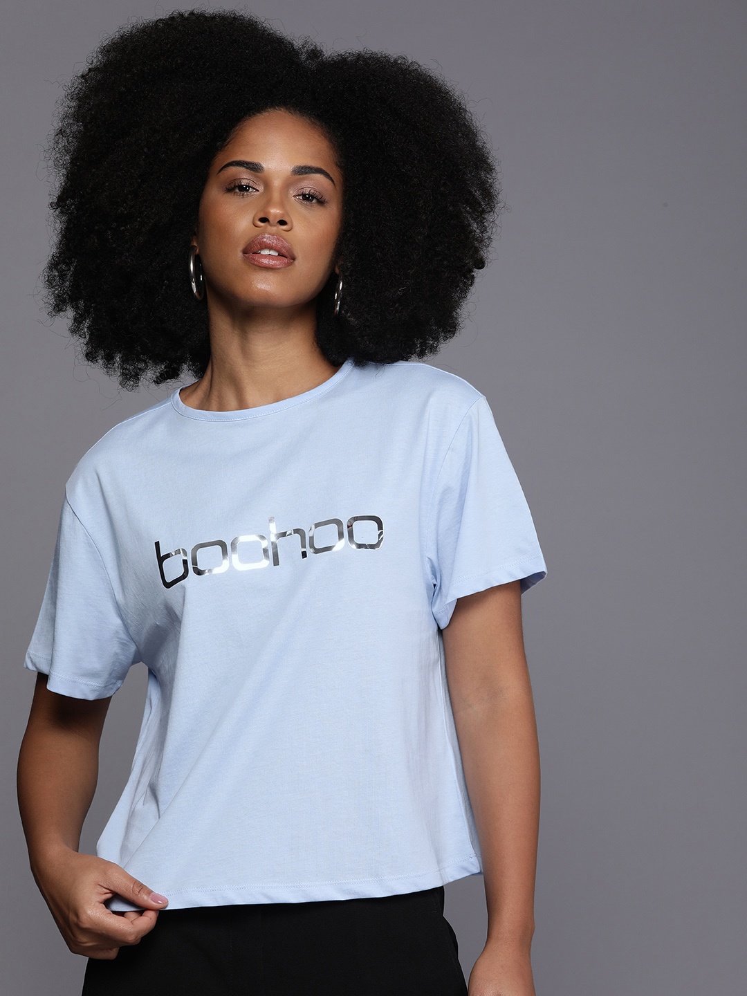 

Boohoo Pure Cotton Brand Logo Printed Casual T-shirt, Blue