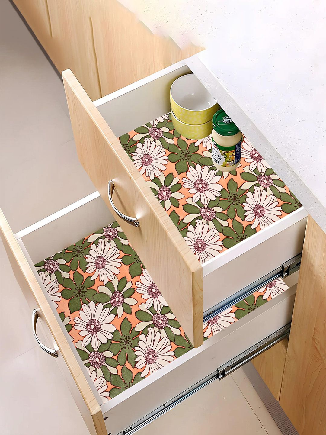 

Kuber Industries Orange & Green 3 Pieces Printed Shelf Liner Organisers