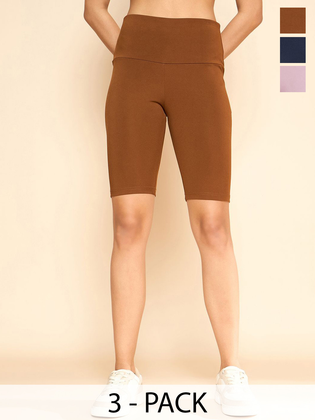 

COLOR CAPITAL Women Pack Of 3 Antimicrobial High Rise Above Knee Cycling Tights, Brown