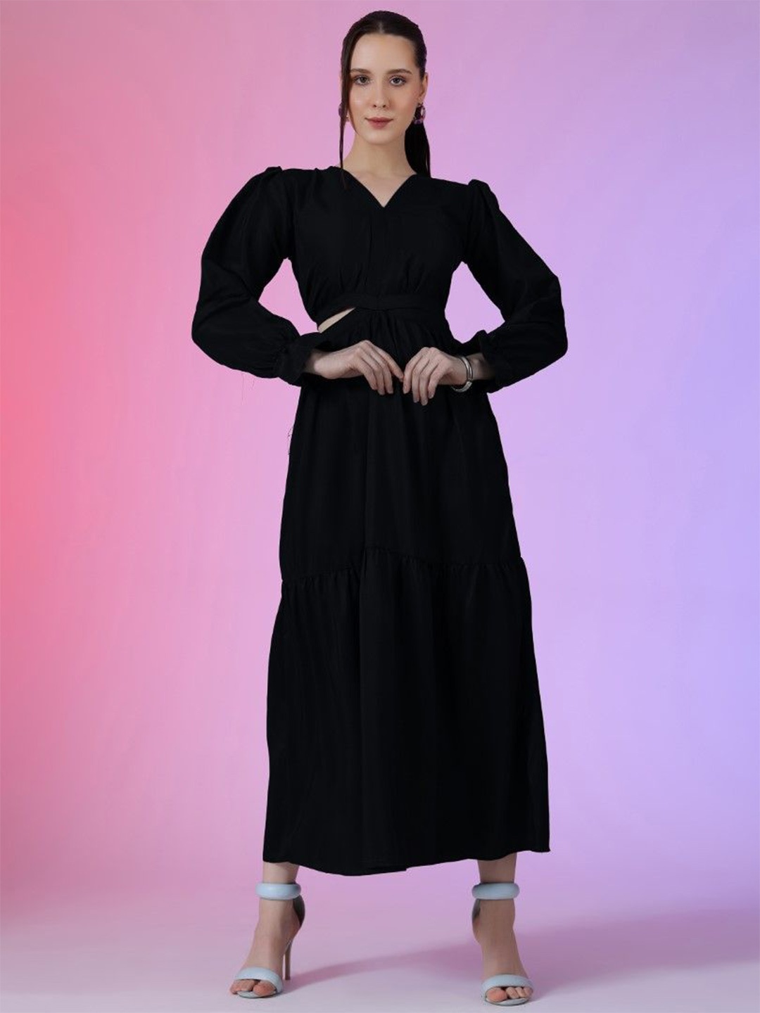 

Femvy Women V-neck Cuffed Sleeves Fit & Flare Maxi Dress, Black