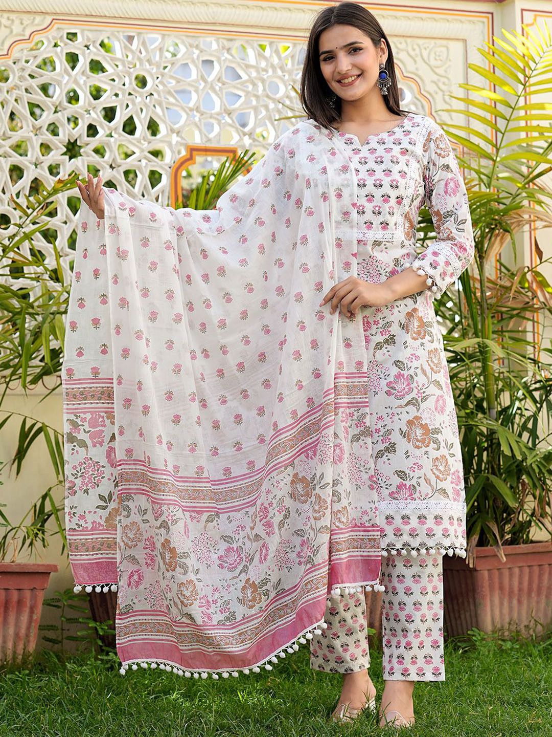

KALINI Floral Printed Mirror Work Pure Cotton Kurta With Trousers & Dupatta, Cream