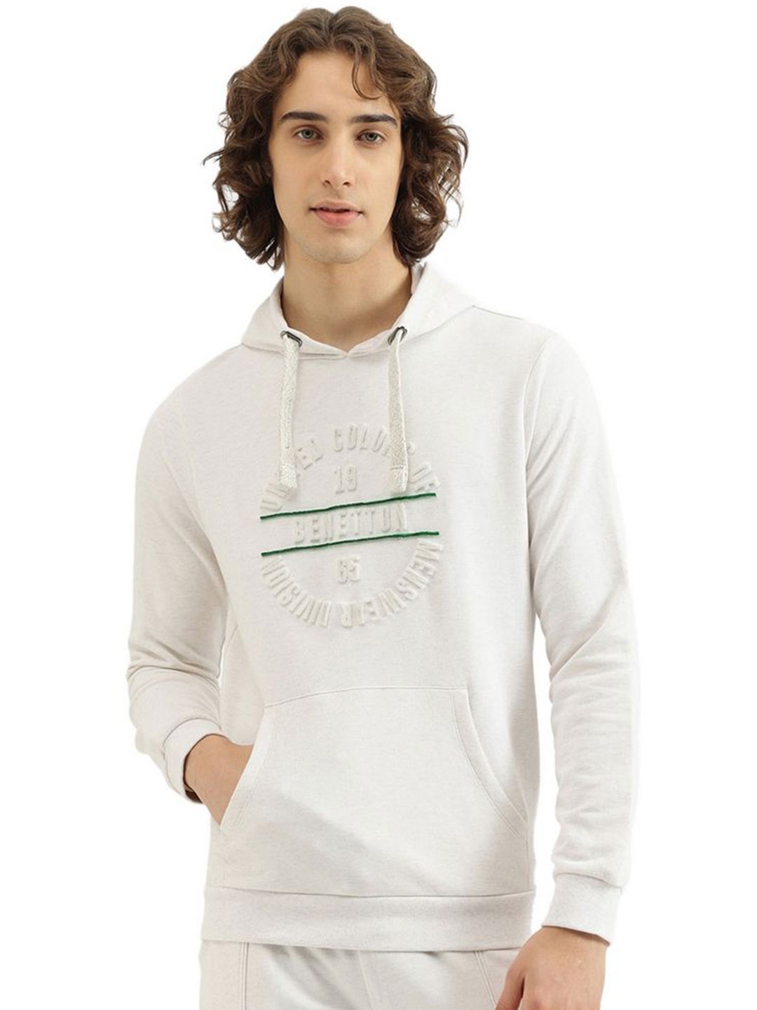 

United Colors of Benetton Men Typography Printed Hood Cotton Pullover Sweatshirt, White