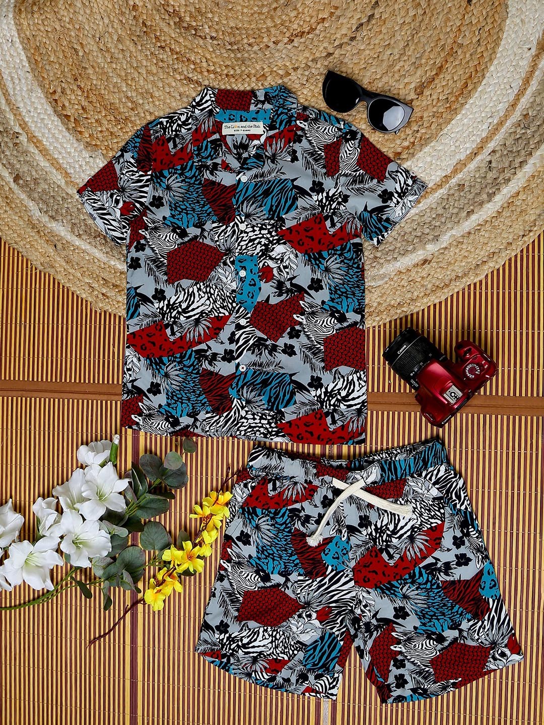 

The Lion and The Fish Boys Zebra Printed Shirt & Short Co-Ord Set Red Blue, Grey