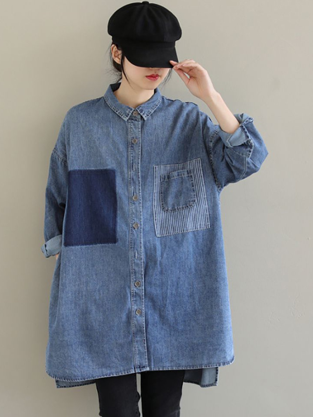 

StyleCast x Revolte Women Spread Collar Solid Cotton Boxy Casual Shirt, Blue