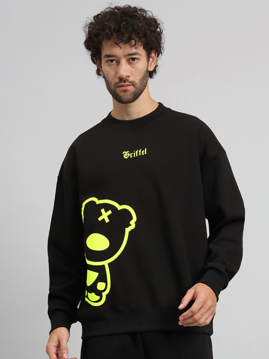 

GRIFFEL Men Graphic Printed Round Neck Fleece Pullover Sweatshirt, Black