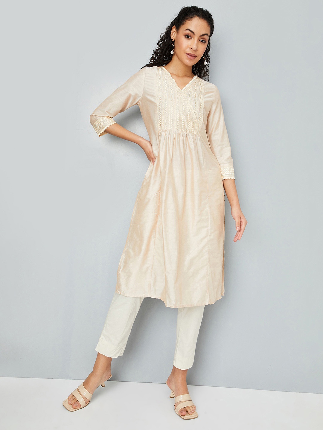 

max Women Yoke Design Thread Work A-Line Kurta, Beige