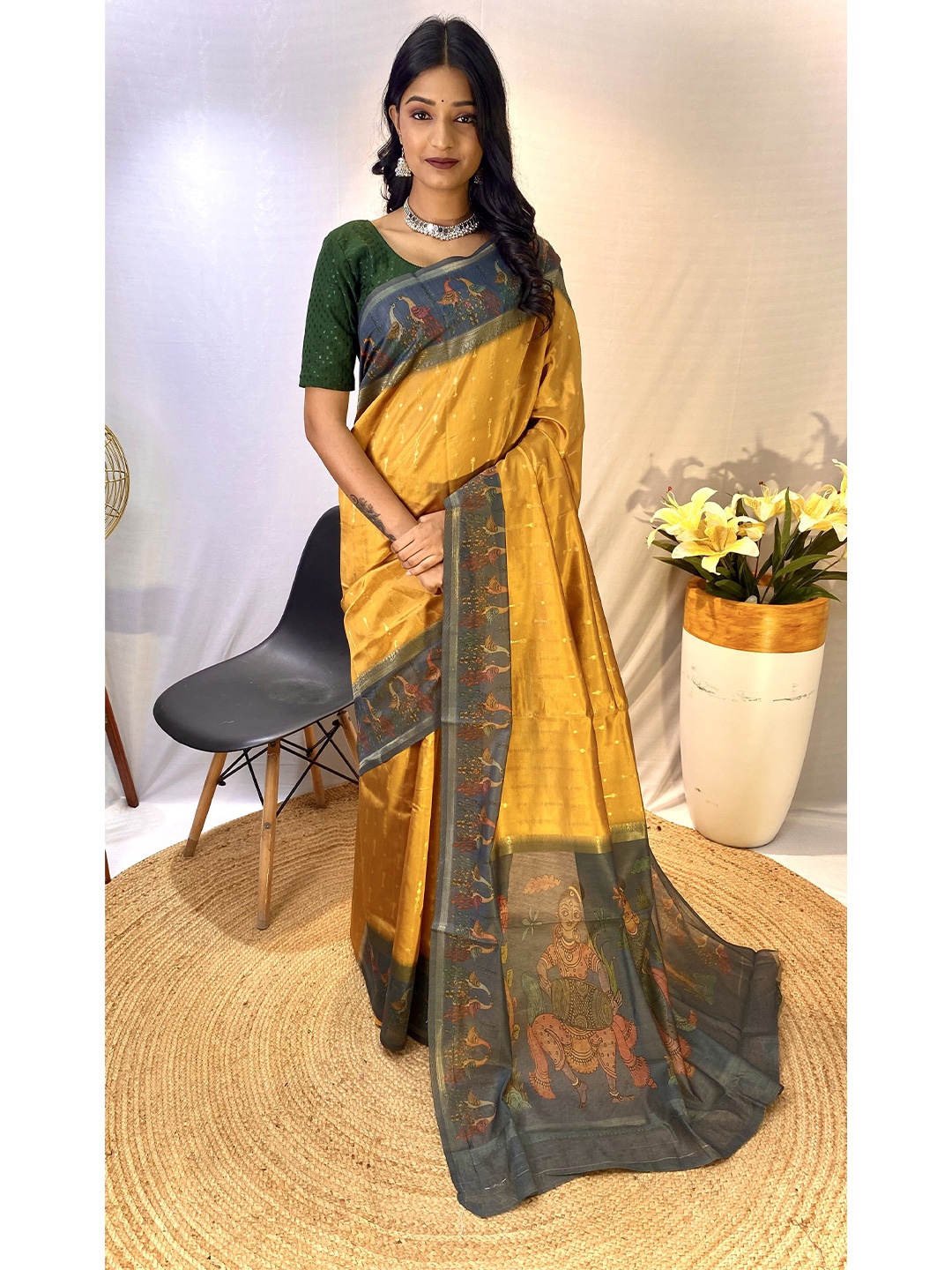 

DEVATITHI Ethnic Motifs Zari Chanderi Saree, Yellow