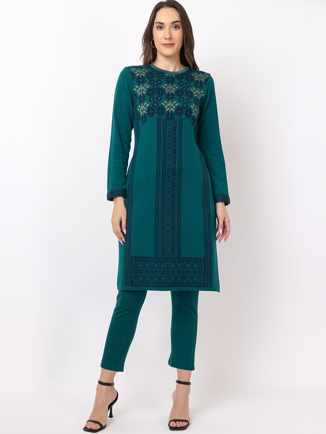

KEIKO Ethnic Motifs Woven Design Round Neck Acrylic Jacquard Straight Kurta, Green
