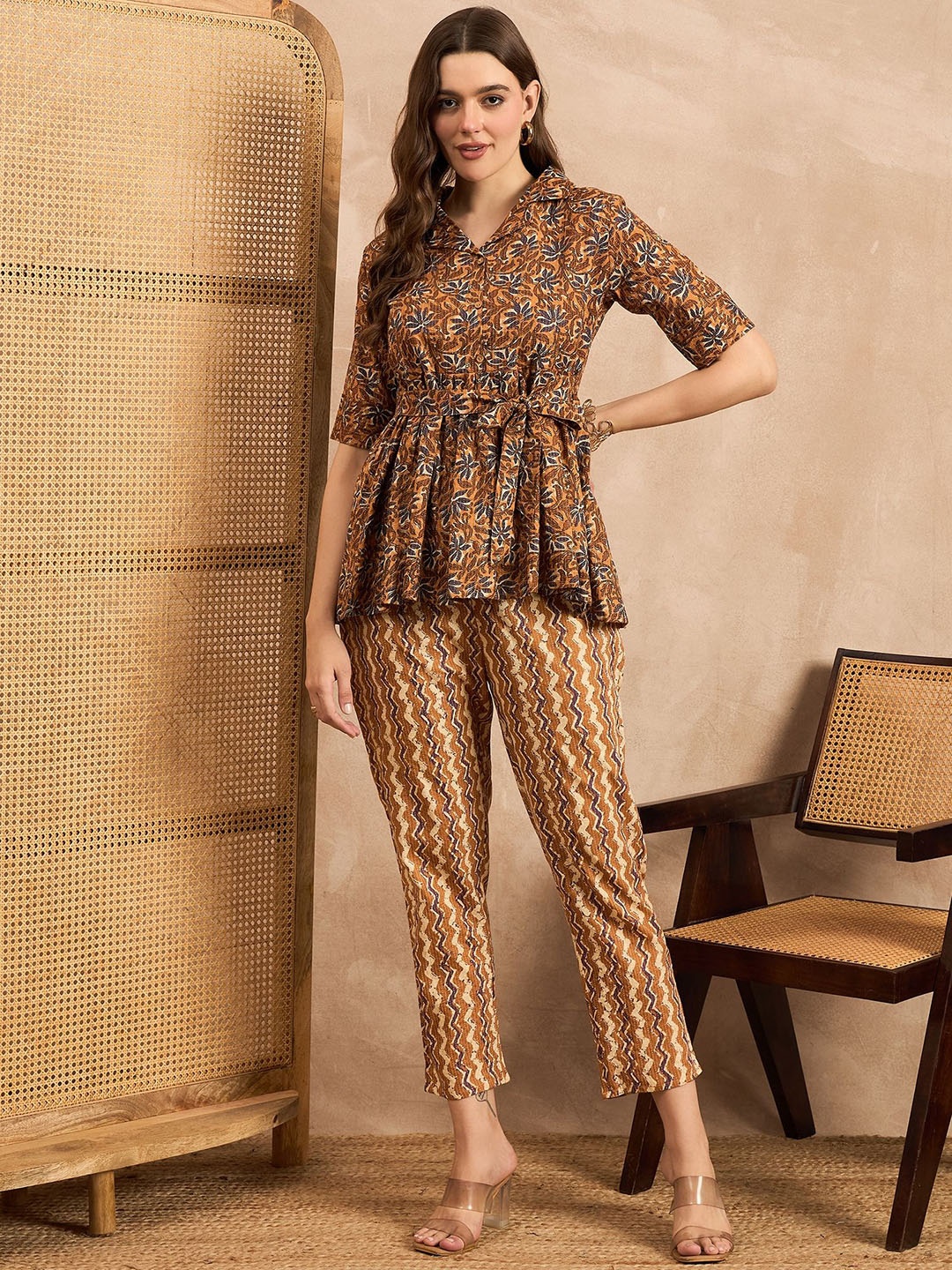 

BAESD Printed Shirt Collar Pure Cotton Tunic With Trouser, Brown