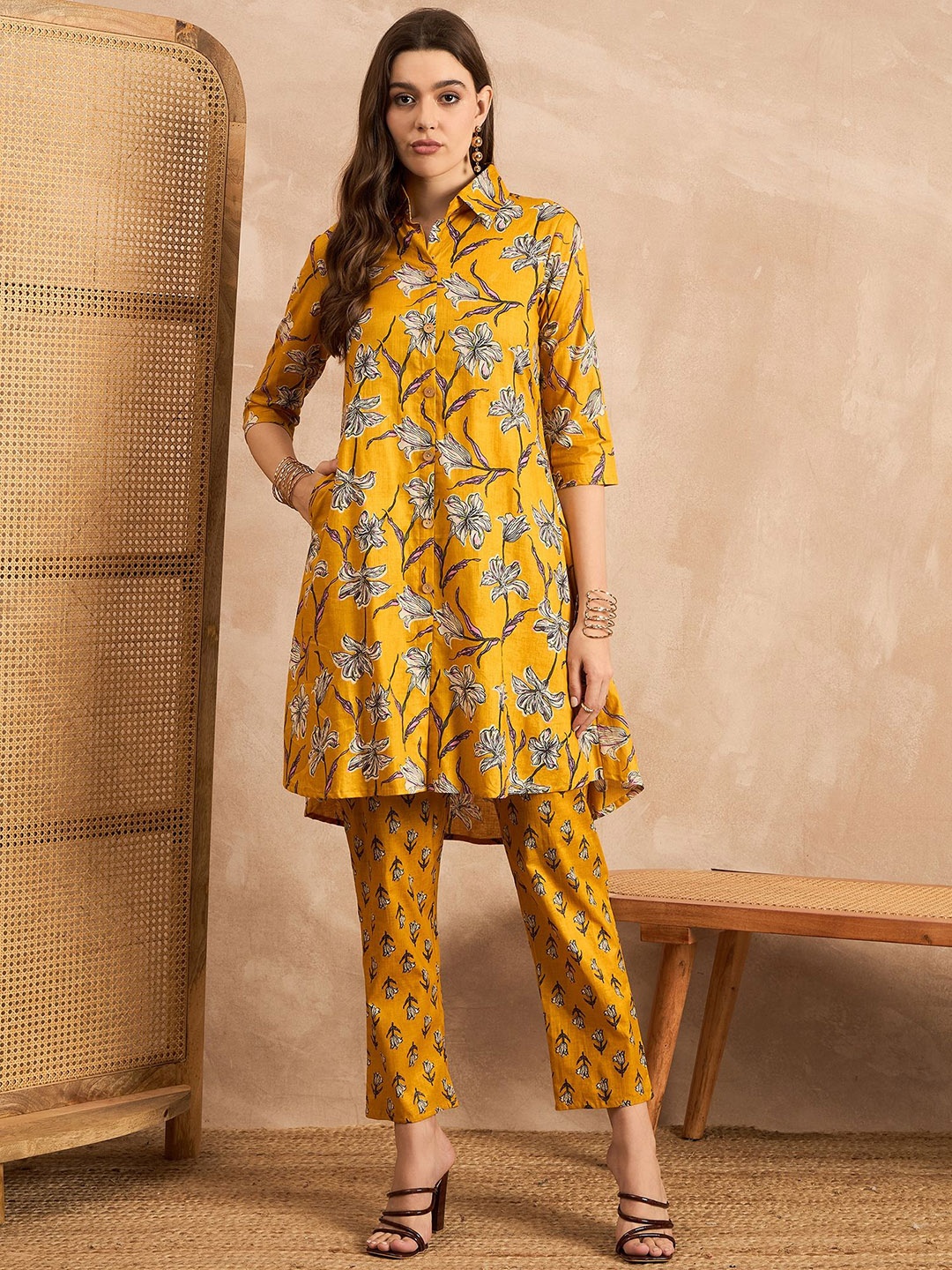 

BAESD Women Printed Cotton Kurti With Trouser Co-Ords, Mustard