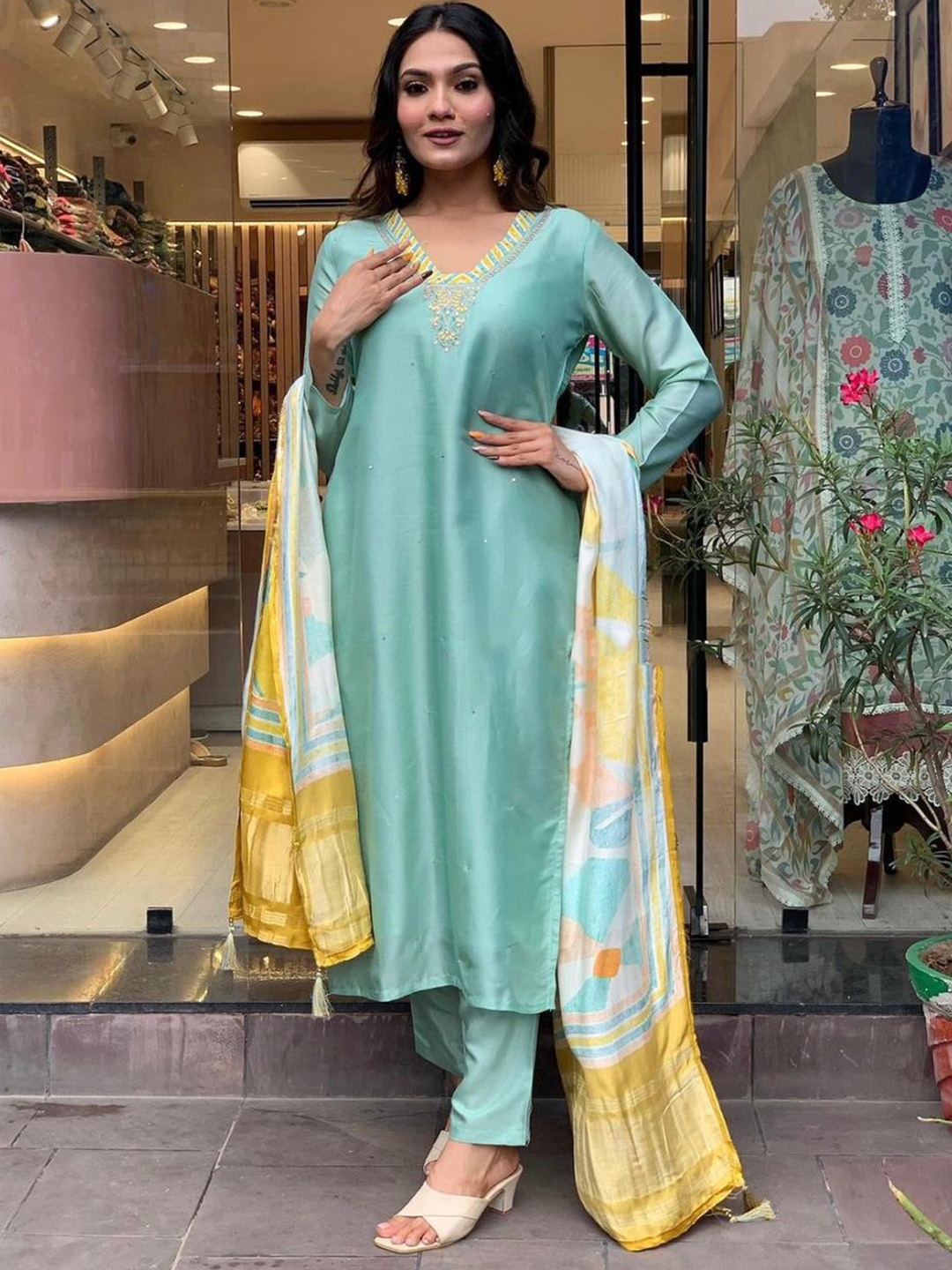 

KALINI Floral Embroidered Straight Kurta With Trousers & Dupatta, Sea green