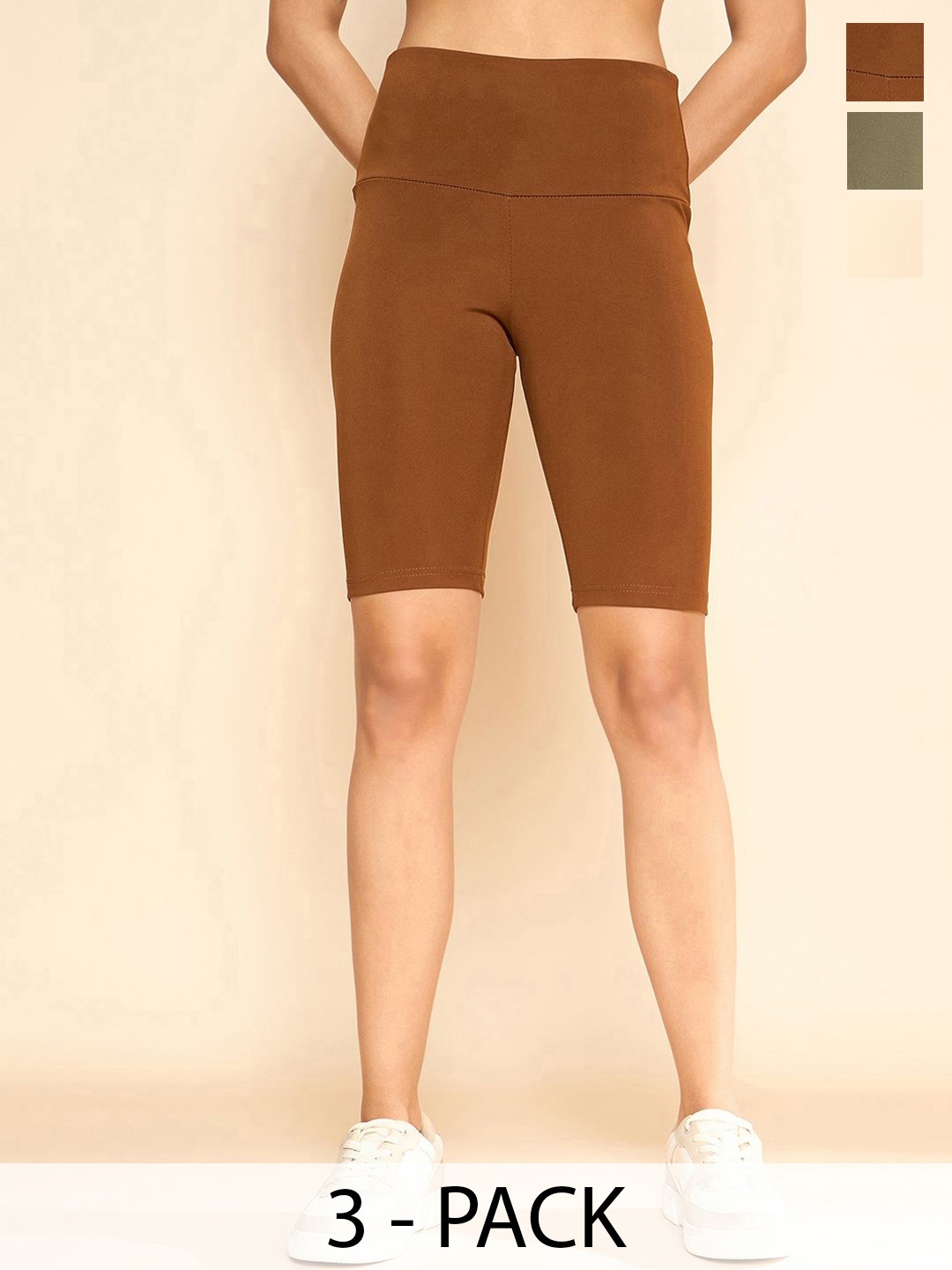 

COLOR CAPITAL Pack Of 3 High Rise Above Knee Women Gym Tights, Camel brown