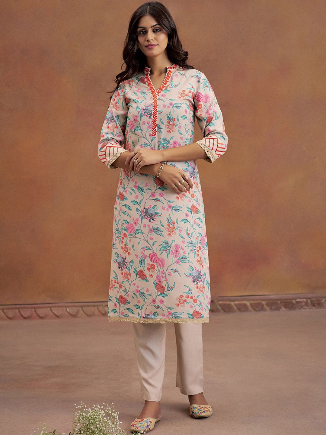 

Jaipur Kurti Embroidered Tropical Printed Straight Kurta Set, Beige