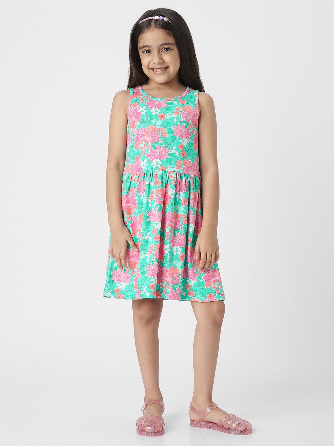 

Nauti Nati Girls Cotton Floral Printed Knit Dress, Green