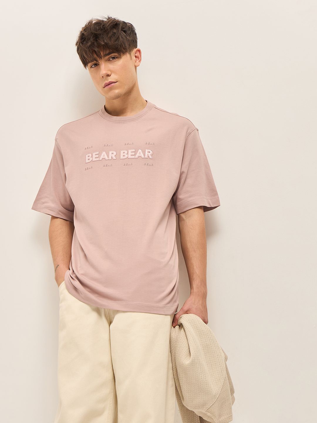 

THE BEAR HOUSE Typography Printed Drop Shoulder Sleeves Cotton Oversized T-shirt, Pink