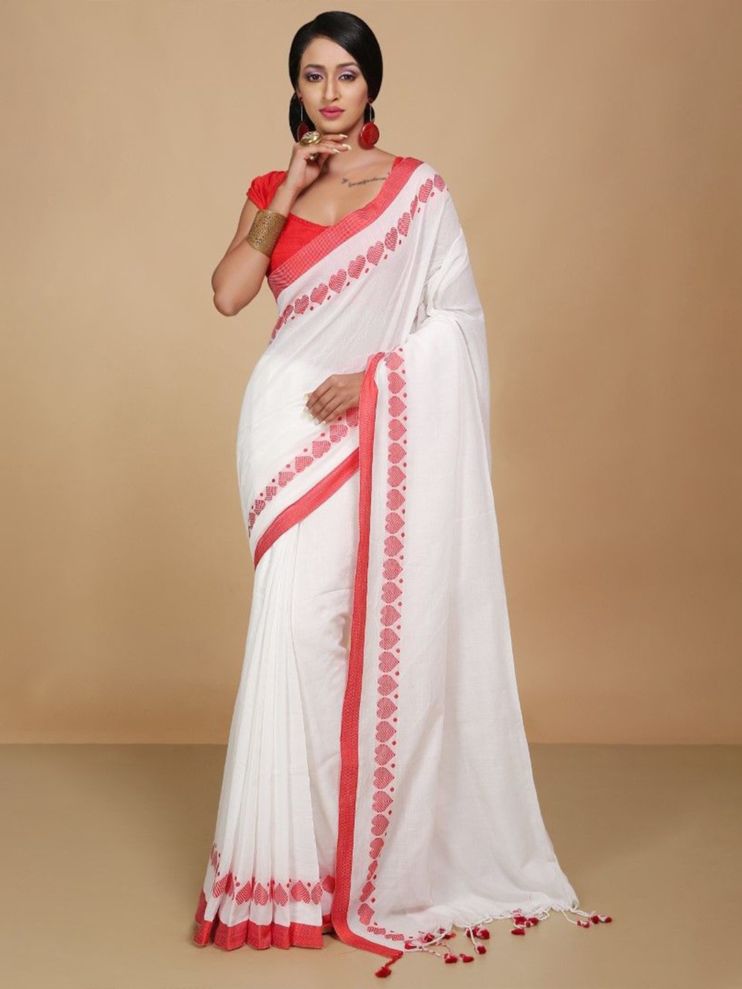 

BENGAL HANDLOOM Art Silk Taant Saree, White