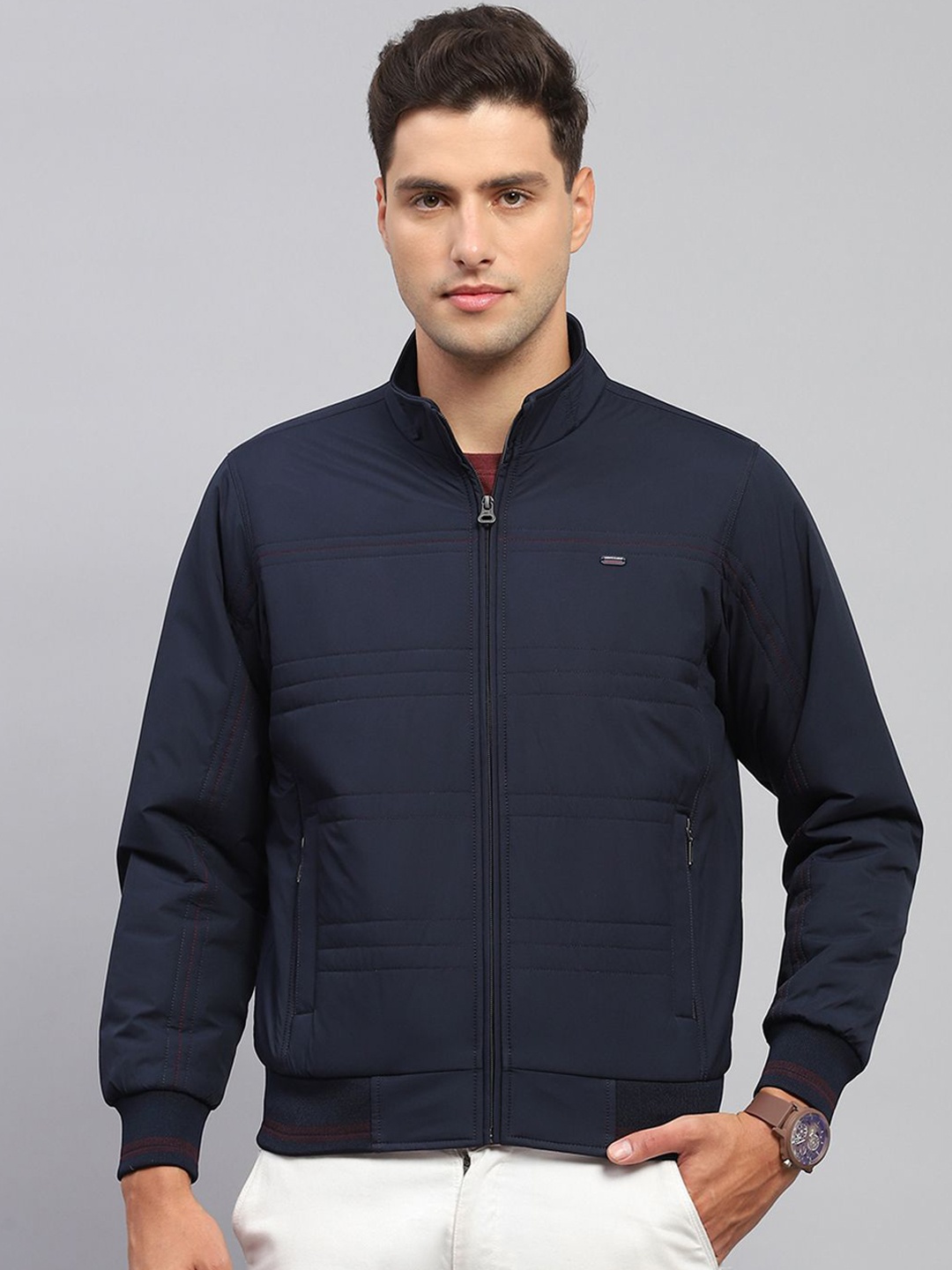 

Monte Carlo Men Mock Collar Solid Casual Bomber Jacket, Navy blue