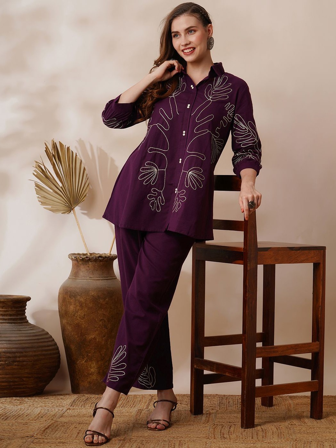 

KALINI Embroidered Shirt Collar Pure Cotton Tunic Top With Palazzos, Purple