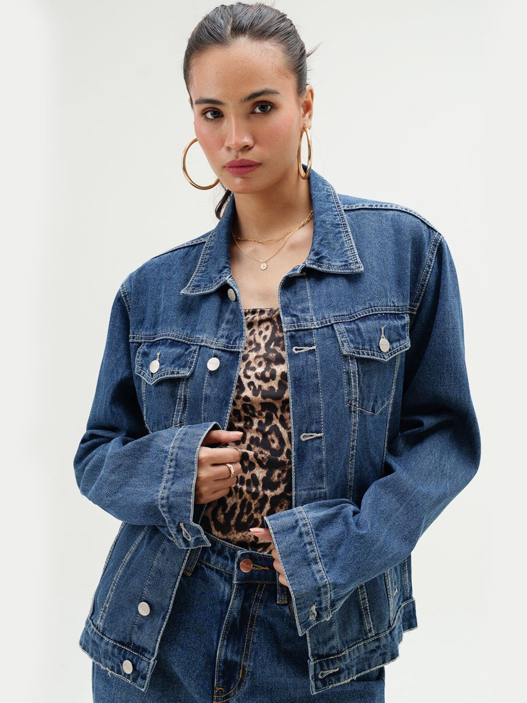 

FREAKINS Women Spread Collar Solid Cotton Casual Denim Jacket, Blue