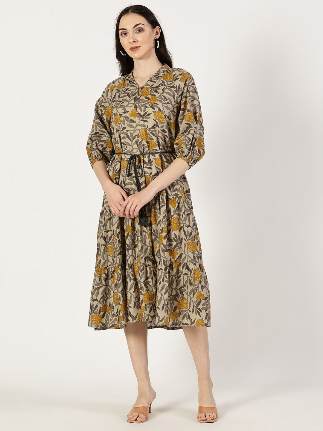 

Saffron Threads Women Floral Printed A-Line Cotton Dress, Mustard