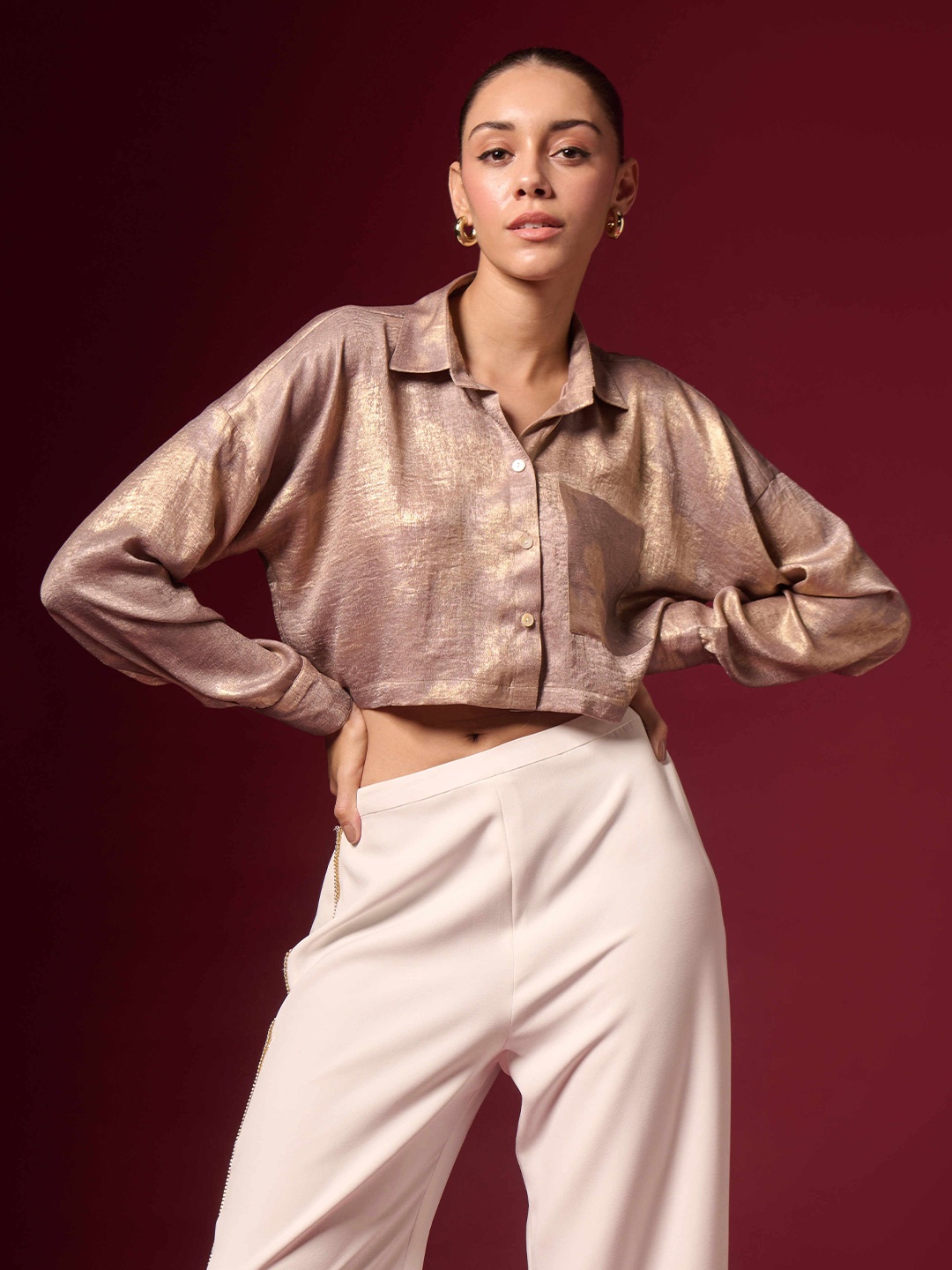 

EMBLAZE Women Solid Shirt Collar Satin Top, Peach