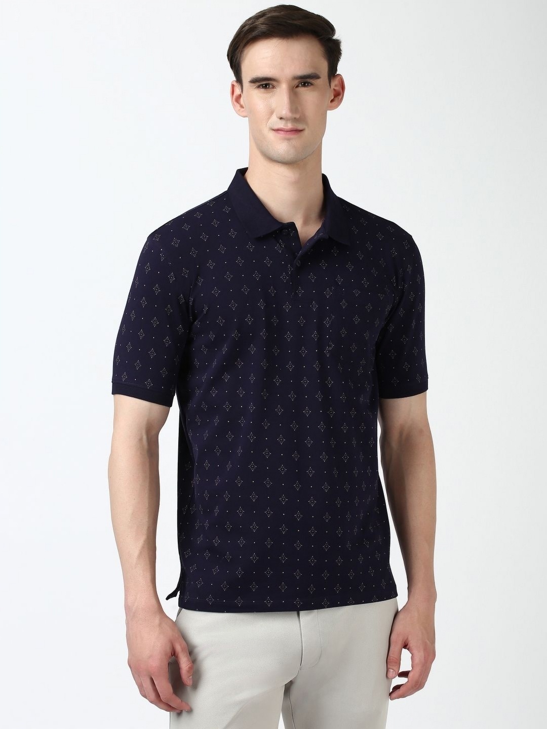 

Peter England Men Conversational Printed Polo Collar Cotton T-shirt, Navy blue