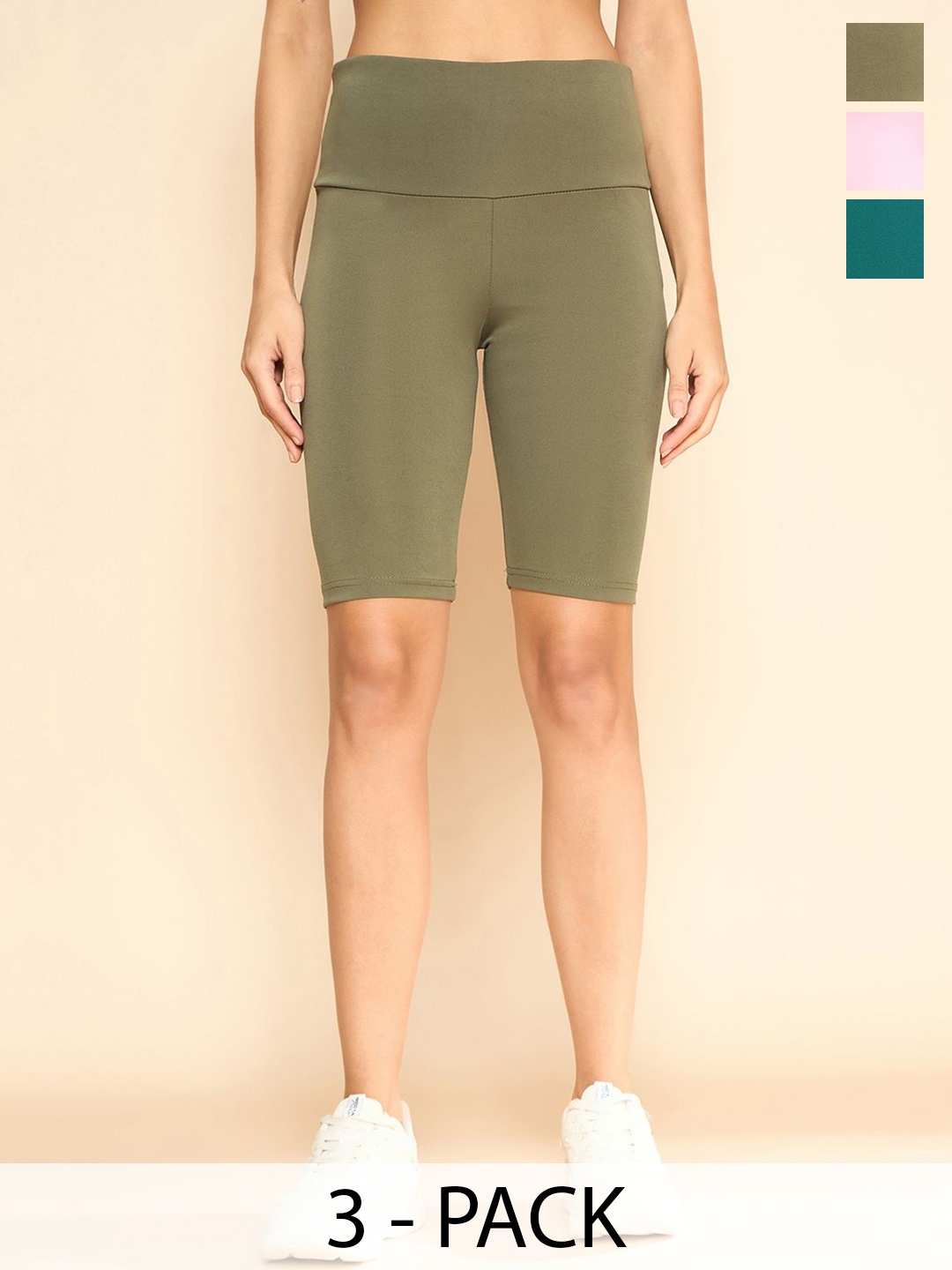 

COLOR CAPITAL Women Pack Of 3 High-Rise Cycling Tights, Olive