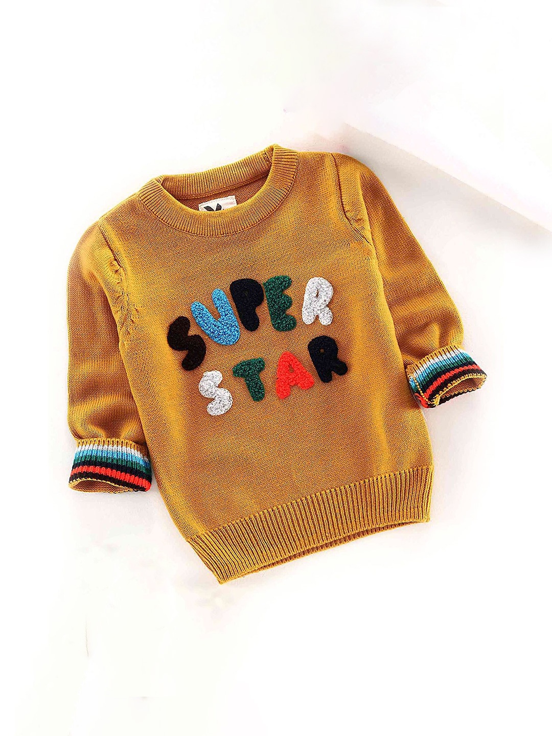 

Yellow Apple Boys Typography Woollen Pullover, Mustard