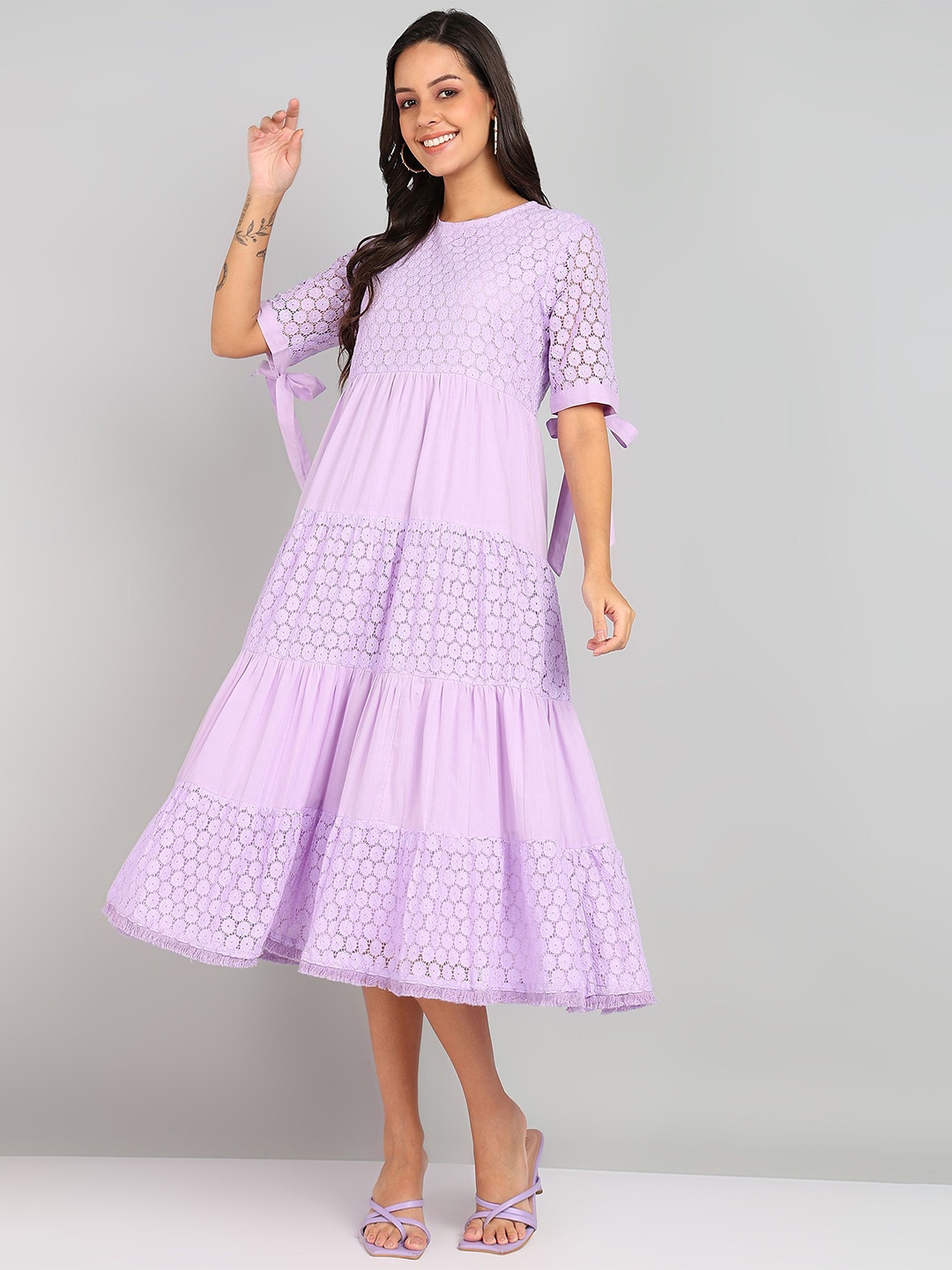 

Shiv ali apparels Women Self Design Cotton A-Line Midi Dress, Lavender