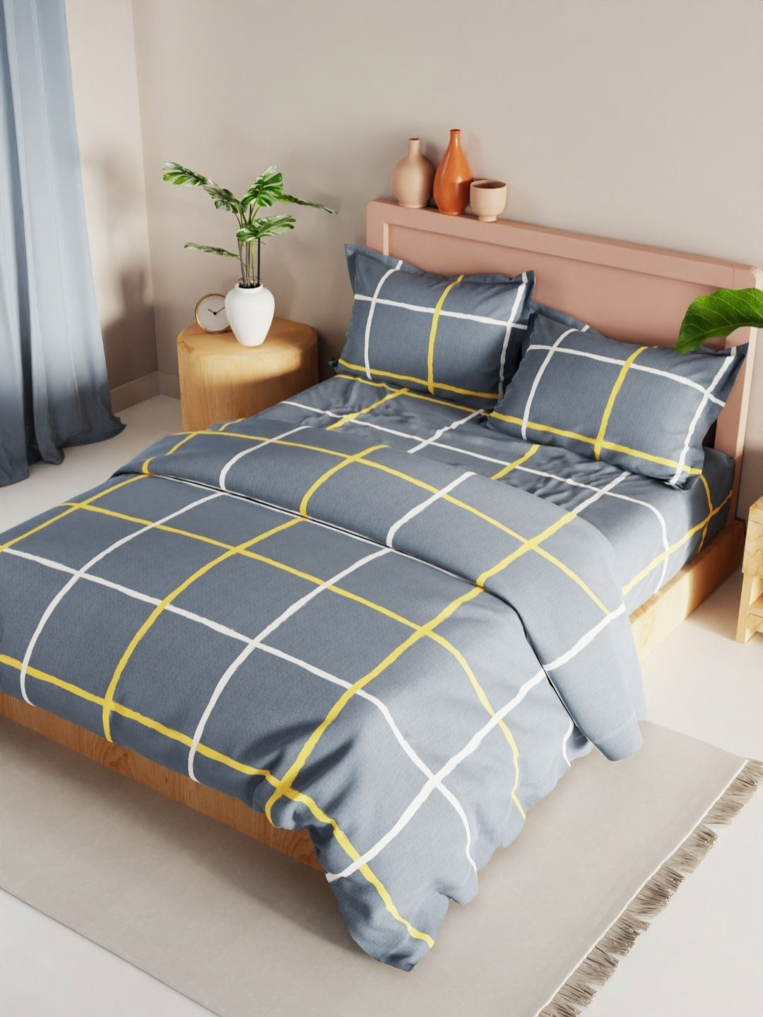 

KOPA Charcoal & White 4 Pieces Checked Microfiber Double King Regular Bedding Set