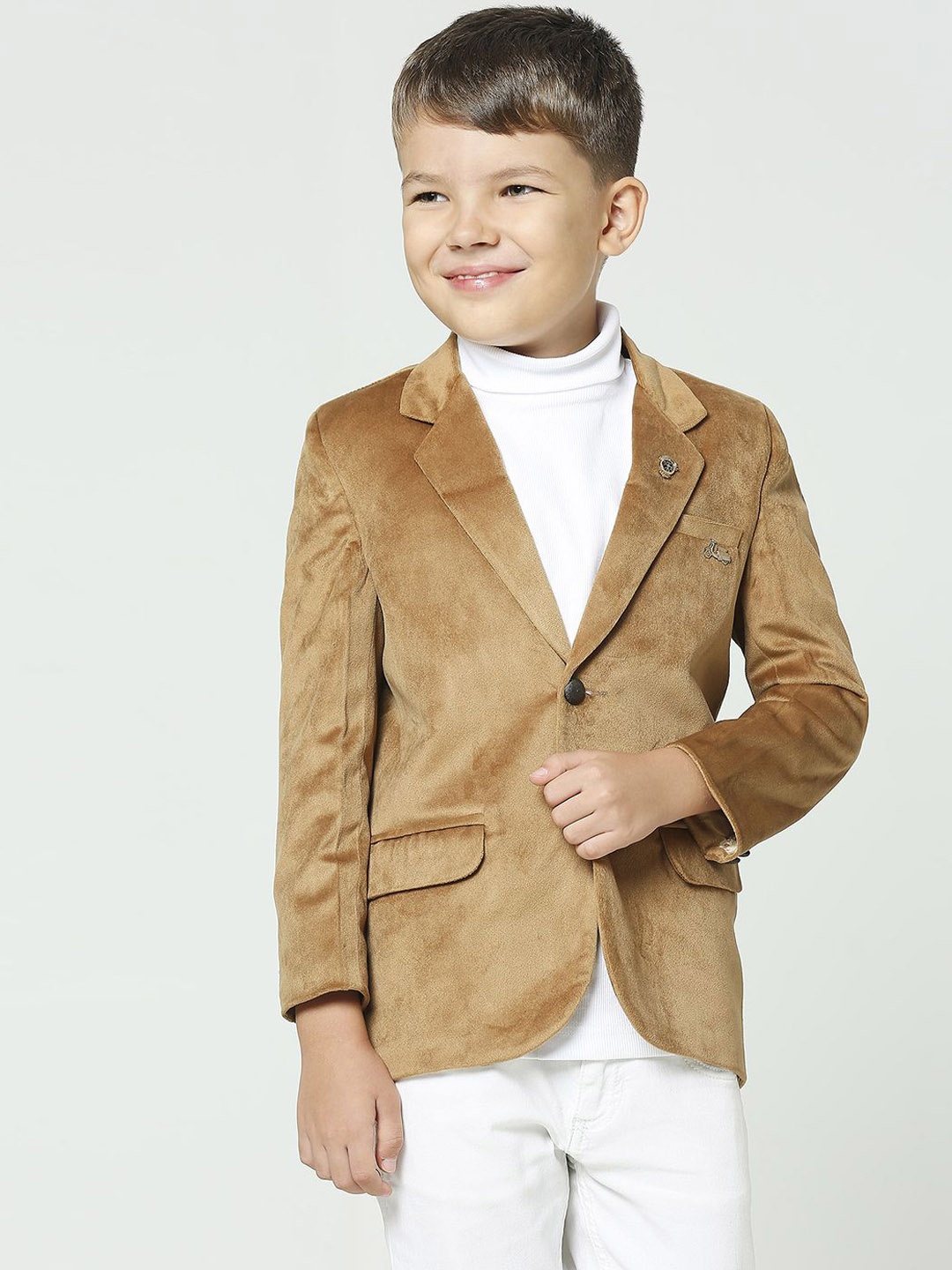 

YK Boys Notched Lapel Collar Comfort Fit Velvet Single Breasted Blazer, Brown