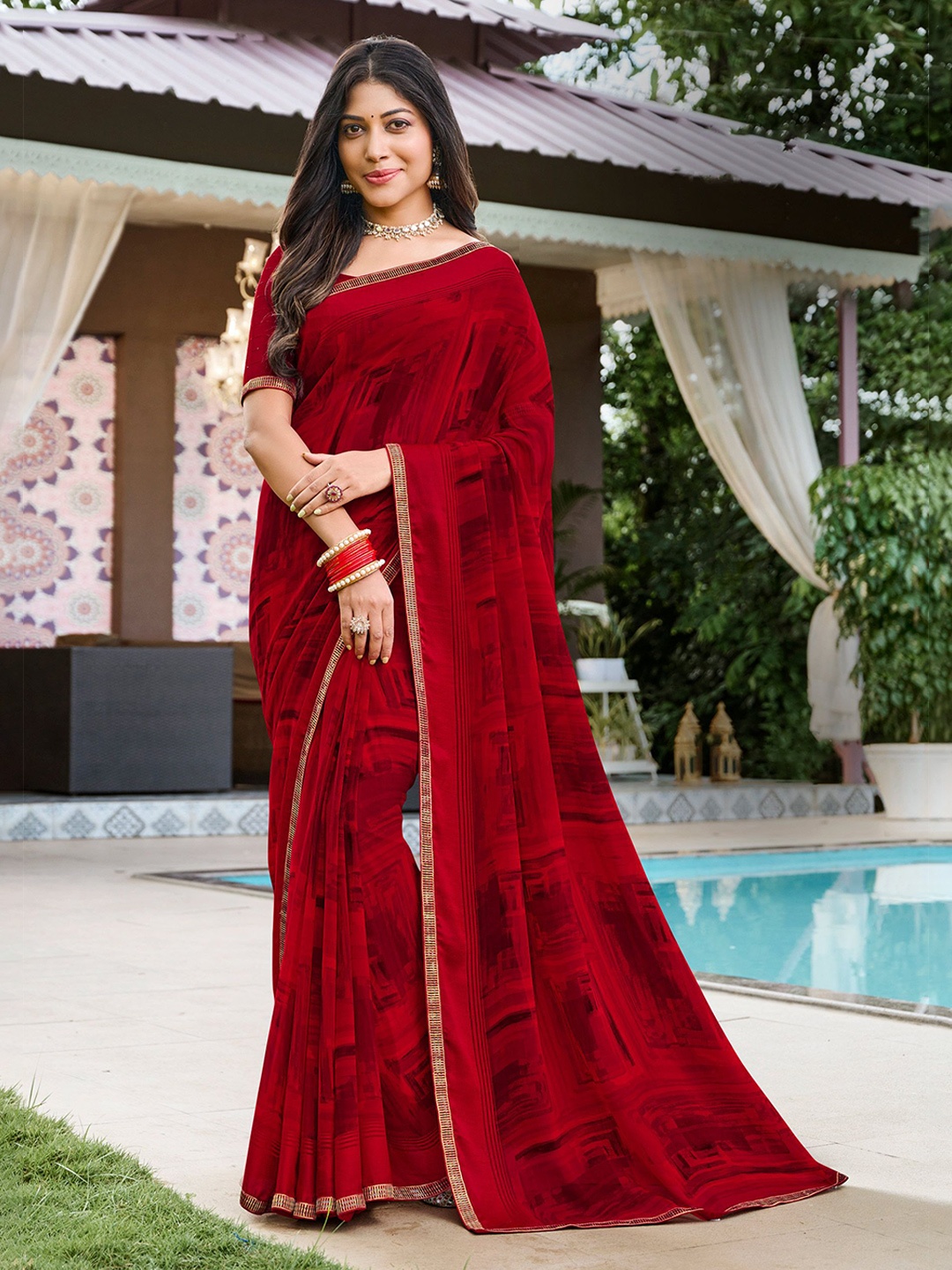 

Laxmipati Abstract Printed Embroidered Satin Saree, Red