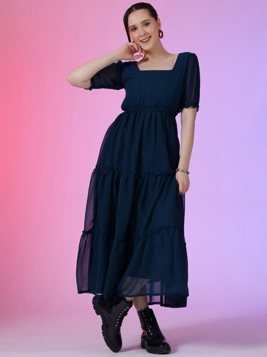 

Raiyani Enterprise Women Tiered Fit & Flare Maxi Dress, Blue