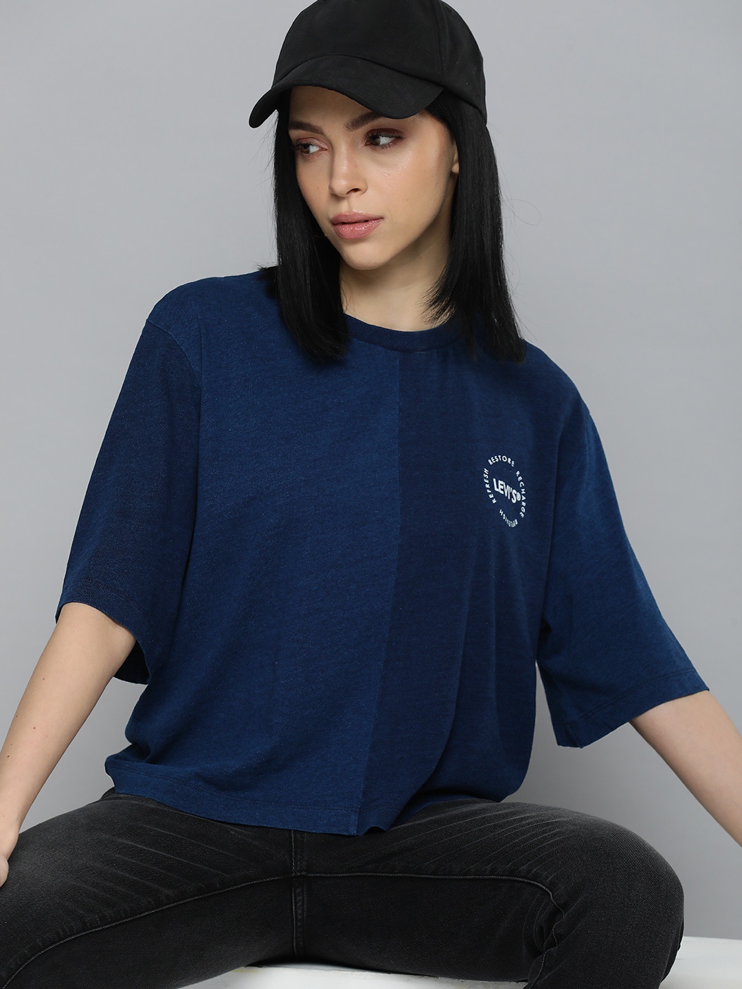 

Levis Drop-Shoulder Sleeves Pure Cotton T-shirt, Navy blue