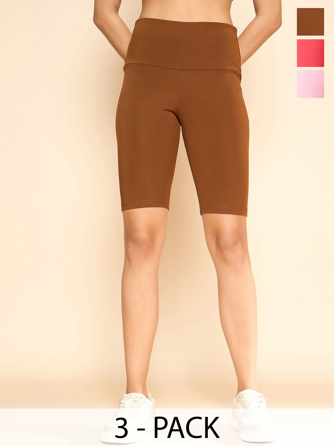 

COLOR CAPITAL Women Pack Of 3 High Rise Above Knee Cycling Tights, Brown