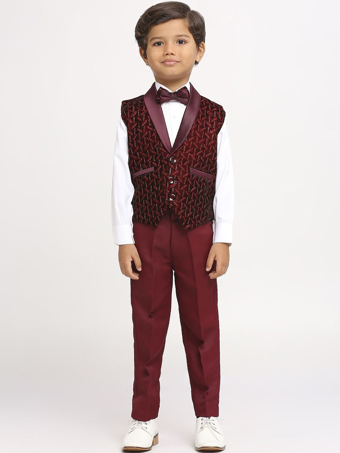 

YK Boys Embroidered Single Breasted Three Piece Suit With Shirt, Maroon