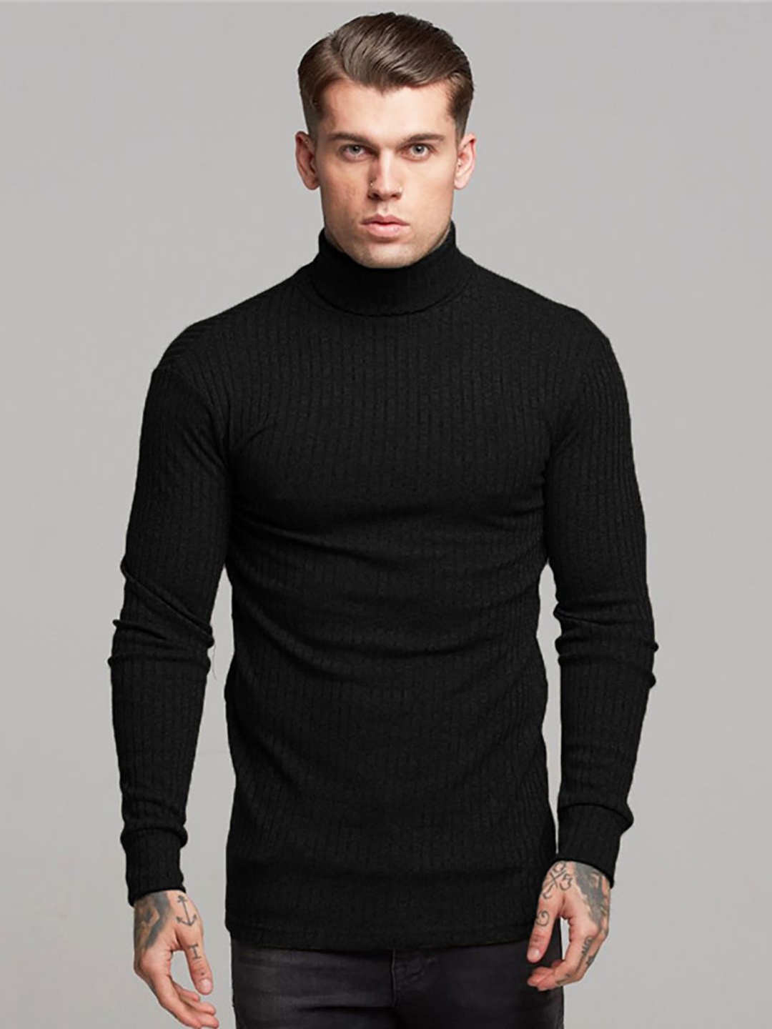 

StyleCast x Revolte Men Ribbed Self Design Turtle Neck Pullover Sweater, Black