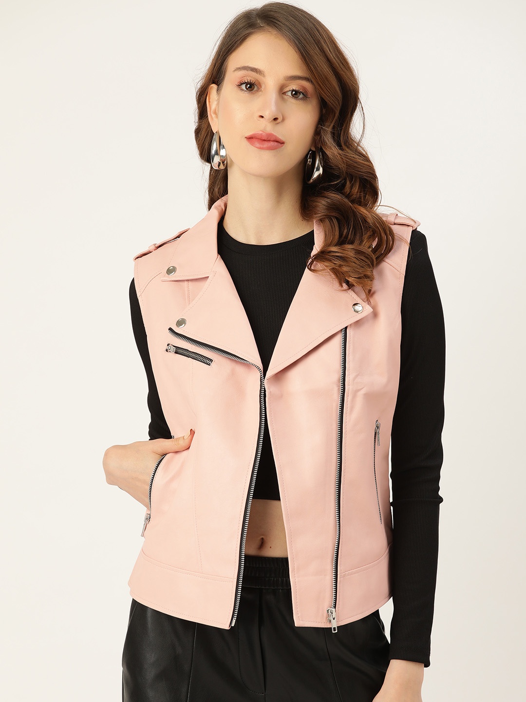 

Leather Retail Women Lapel Collar Solid PU Casual Biker Jacket, Pink