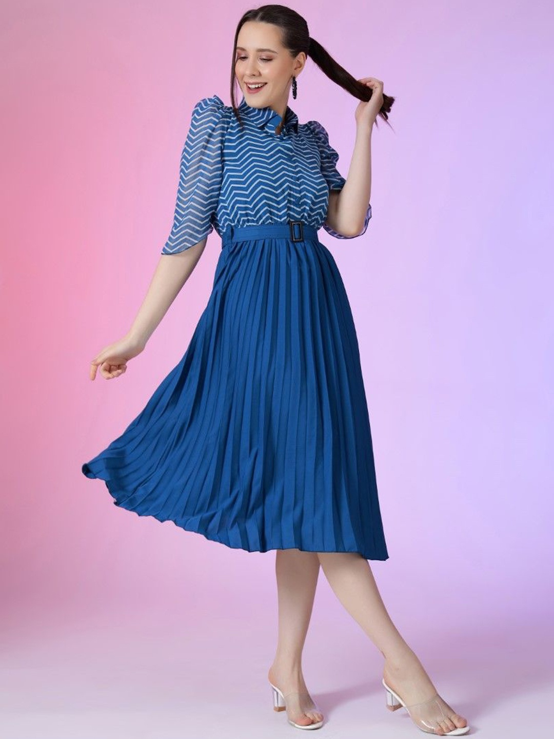 

Raiyani Enterprise Women Shirt Collar Puff Sleeve Fit & Flare Dress Comes with a belt, Blue