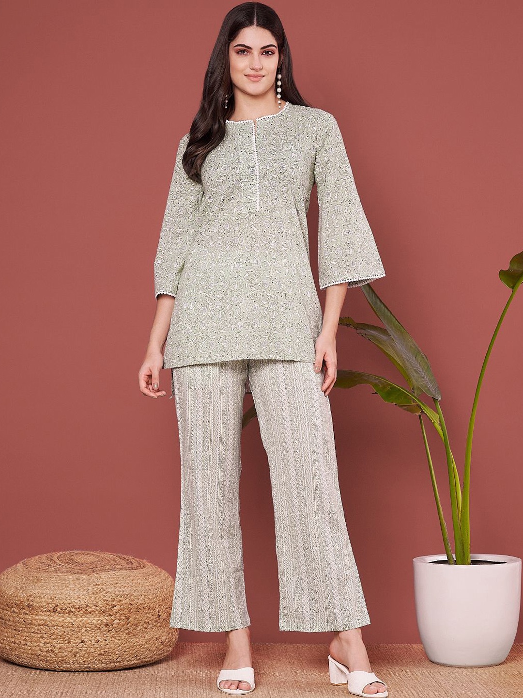 

ETC Printed Pure Cotton Top & Palazzo, Green