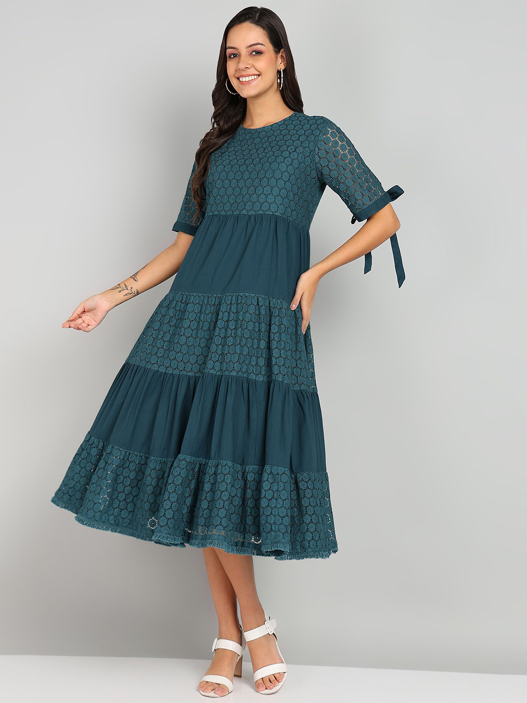 

Shiv ali apparels Self Design Cotton Fit & Flare Dress, Teal